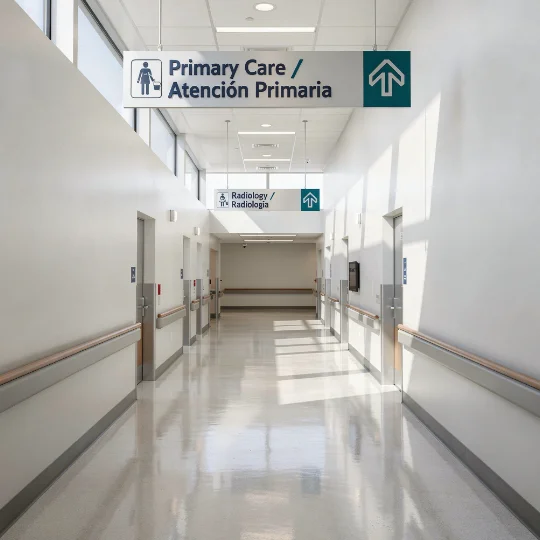 Multilingual healthcare wayfinding signage supporting patient access and communication across diverse communities.