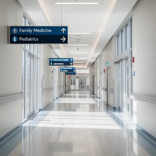 Directional signage inside a modern healthcare facility supporting patient access and coordinated communication.